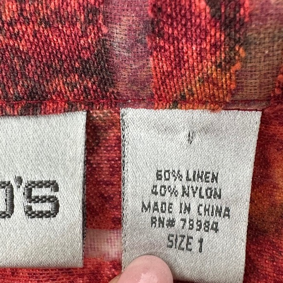 Chicos Red Orange Abstract Print Linen Blend Sheer Button Up Shirt Size 1 US M - Picture 5 of 11